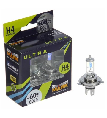 Лампа галог H4 12V60/55W+60% (Маяк) ULTRA Gold к-т2шт