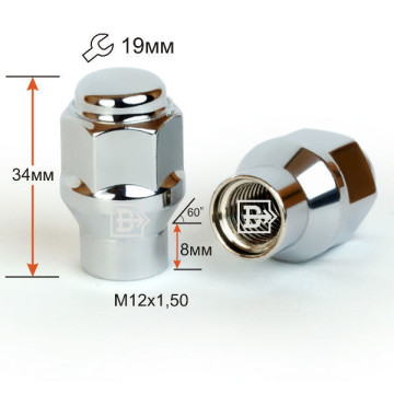 Гайка колеса М12х1,5 для внедорожников (конус кл.19) h=35 с носиком 8мм. ВЕКТОР