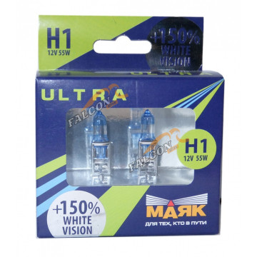 Лампа галог H1 12V55W+150% (Маяк) ULTRA White Vision к-т2шт 82120WV+150