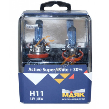 Лампа галог H11 12V55W+30% (Маяк) Active Super White к-т2шт 72110ASW+30