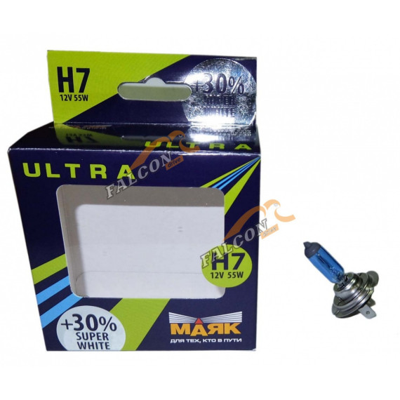 Лампа галог H7 12V55W+30% (Маяк) ULTRA Super White к-т2шт