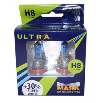 Лампа галог H8 12V35W+30% (Маяк) ULTRA Super White 82820SW+30