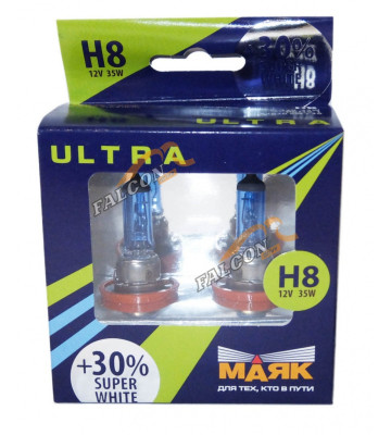 Лампа галог H8 12V35W+30% (Маяк) ULTRA Super White 82820SW+30