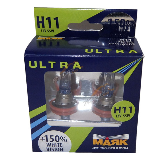 Лампа галог H11 12V55W+150% (Маяк) ULTRA White Vision к-т2шт