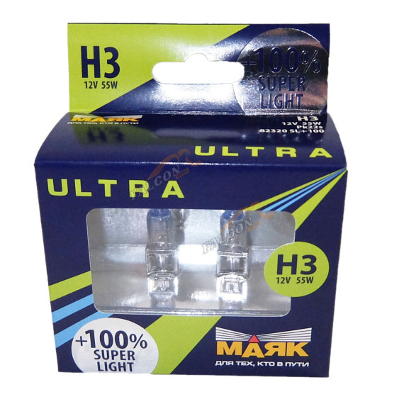 Лампа галог H3 12V55W+100% (Маяк) ULTRA Super Light к-т2шт 82320SL+100