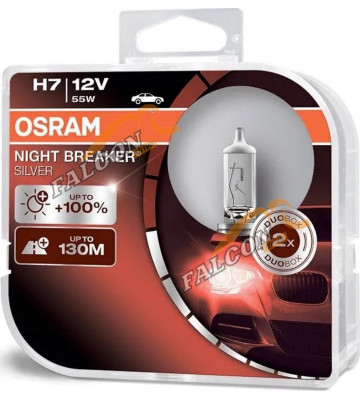 Лампа галог H7 12V55W+100% (Osram) NIGHT BREAKER SILVER евробокс, 2шт 64210NBS2