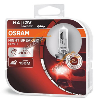 Лампа галог H4 12V60/55W+100% (Osram) NIGHT BREAKER SILVER евробокс, 2шт 64193NBS2 P43t