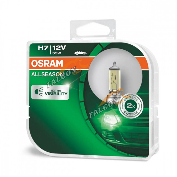 Лампа галог H7 12V55W+30% (Osram) ALLSEASON SUPER евробокс,2шт 64210ALS2 всепогодная