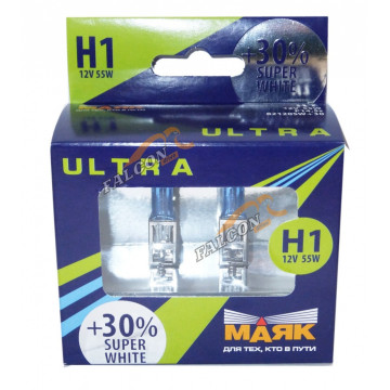 Лампа галог H1 12V55W+30% (Маяк) ULTRA Super White к-т2 шт 82120SW+30