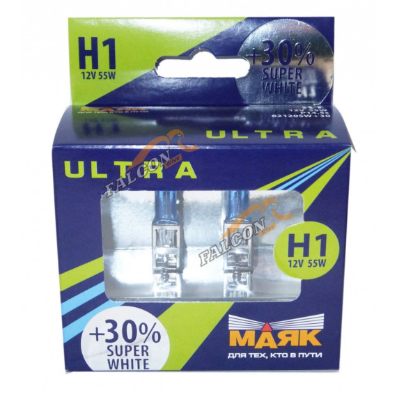 Лампа галог H1 12V55W+30% (Маяк) ULTRA Super White к-т2 шт 82120SW+30
