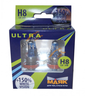 Лампа галог H8 12V35W+150% (Маяк) ULTRA White Vision 82820WV+150