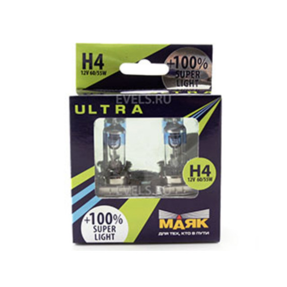 Лампа H-4 12V 55W+100% МАЯК ULTRA Super Light