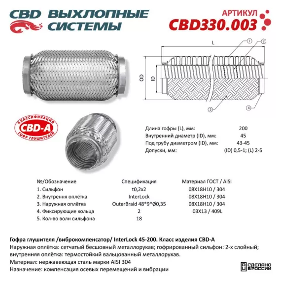Гофра глушителя InterLock 45-200 (КЛАСС CBD-A) AISI 304. CBD330.003 NEW