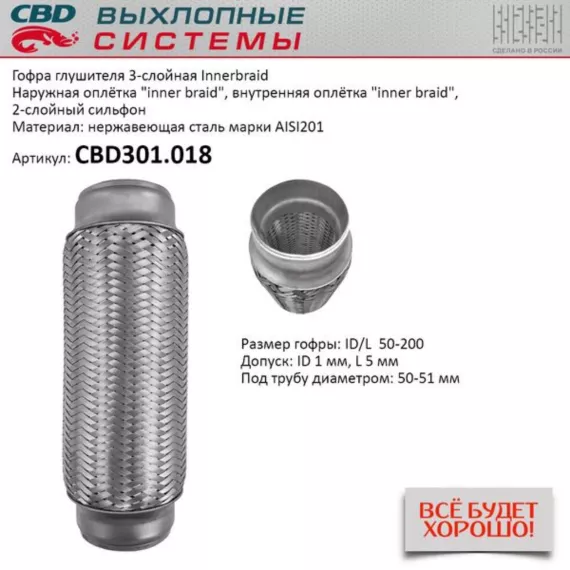 Гофра глушителя 3-сл Innerbraid 50-200. CBD301.018