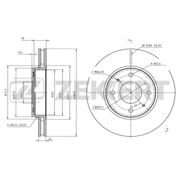 Диск торм. перед. Mitsubishi Carisma 99- Volvo S40 I 95- V40 97- (с покрытием)