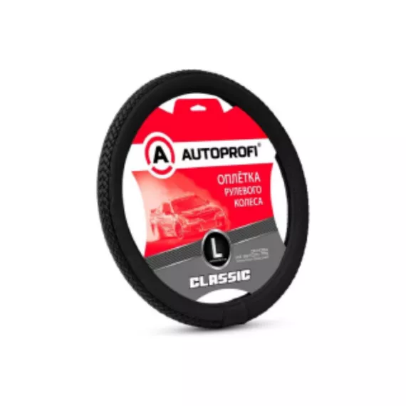 Оплетка руля AUTOPROFI (L) PU-810 BK/BK экокожа, плетеная вставка, черный
