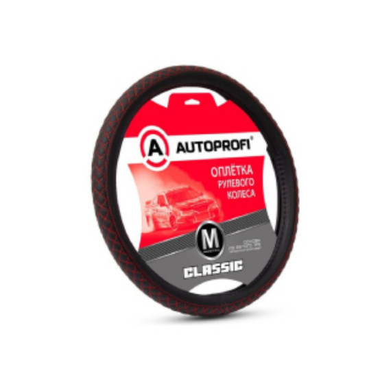 Оплетка руля AUTOPROFI (M) PU-504 BK/RD экокожа, центральная вставка с прострочкой, черн./красный