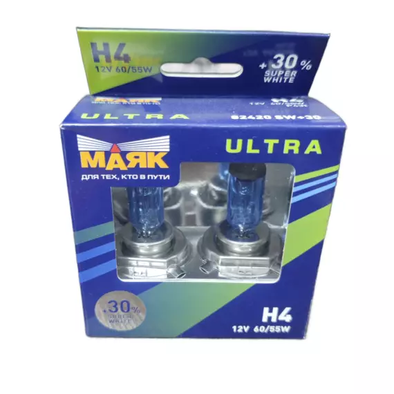 Лампа H-4 12V 55W+30% МАЯК Super White