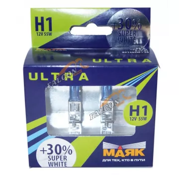 Лампа галог H1 12V55W+30% (Маяк) ULTRA Super White к-т2 шт 82120SW+30