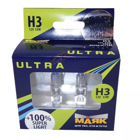 Лампа галог H3 12V55W+100% (Маяк) ULTRA Super Light к-т2шт 82320SL+100
