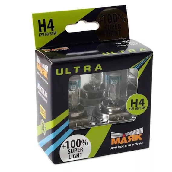 Лампа галог H4 12V60/55W+100% (Маяк) ULTRA Super Light к-т 2шт 82420 SL+100