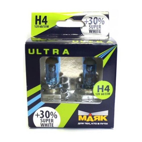 Лампа галог H4 12V60/55W+30% (Маяк) ULTRA Super White к-т2шт