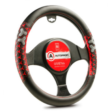 Оплетка руля AUTOPROFI (S) AP-2050 BK/RD экокожа, две 3D вставки с объемным узором, прострочка чёрн./крас