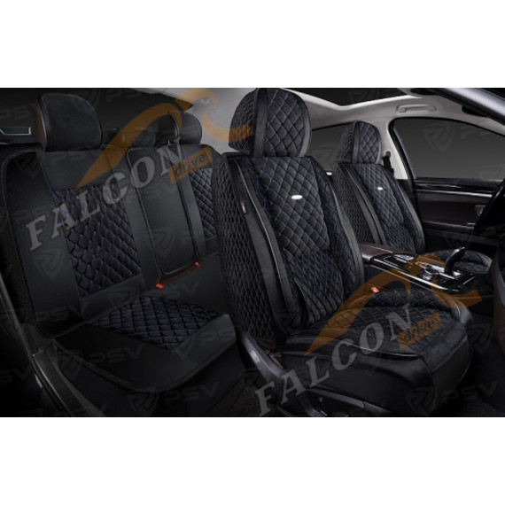 Чехлы-накидки 5D (PSV) Favorit Velur (Черный/Синяя строчка), комплект на весь салон, велюр