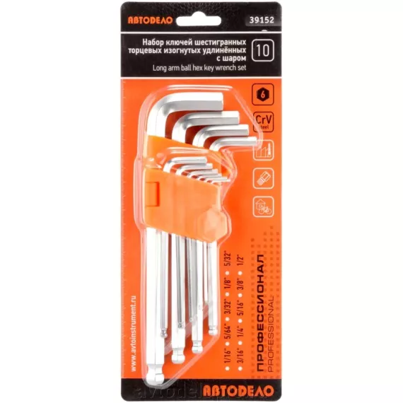 Набор ключей шестигр 10 пр (1/16"-1/2") дюйм средн с шар (АвтоДело) Professional (13806) 39152