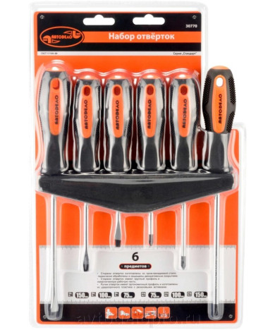 Отвертки набор (шл 5x75,5x100,6x150,РН1х75,РН1х100,РН2х150) 6шт круг стерж (АвтоДело) (11250) 30770