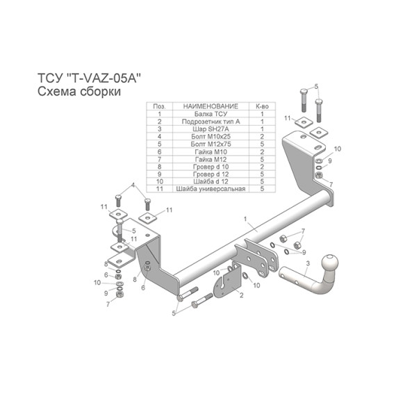 ФАРКОП ТСУ 2110-2112, 2170-2172 со съемным шаром (без электропакета)