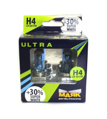Лампа галог H4 12V60/55W+30% (Маяк) ULTRA Super White к-т2шт