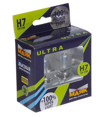 Лампа галог H7 12V55W+100% (Маяк) ULTRA Super Light к-т2шт 82720 SL+100