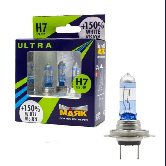 Лампа галог H7 12V55W+150% (Маяк) ULTRA White Vision к-т2шт 82720WV+150%